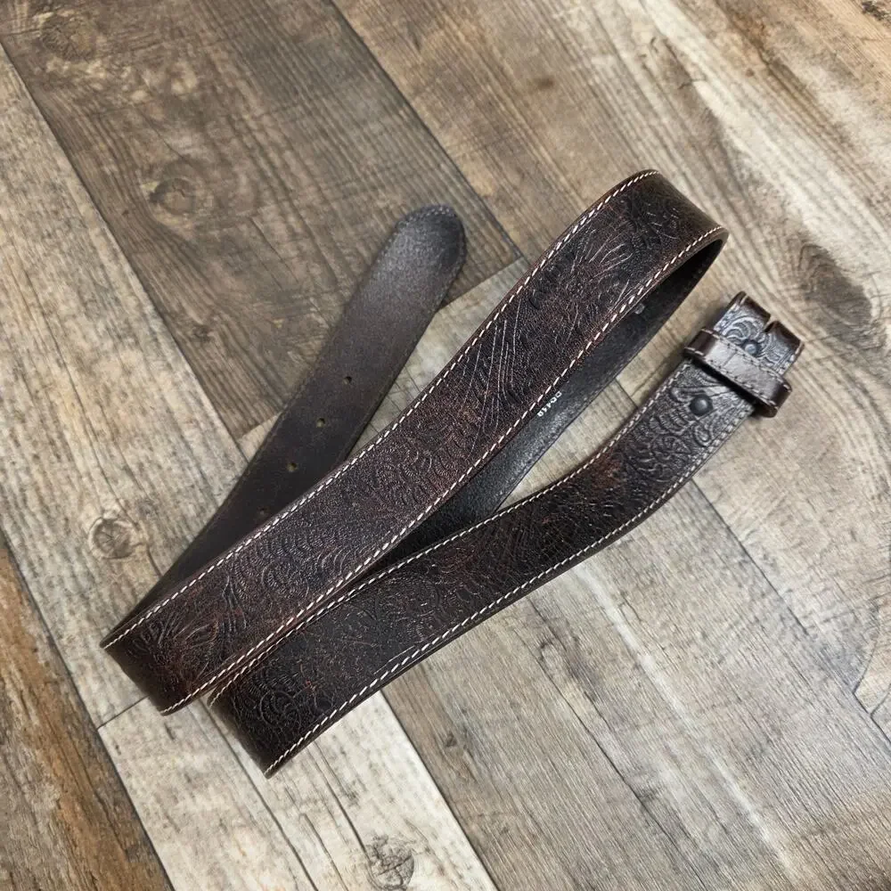 Leather Tooled Belt Brown Size 44 Western Cowboy No Buckle